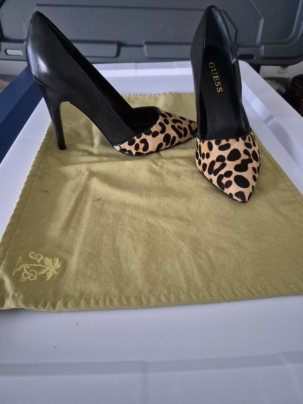 GUESS Black and Leopard Print Pointed Toe Stiletto Heels
